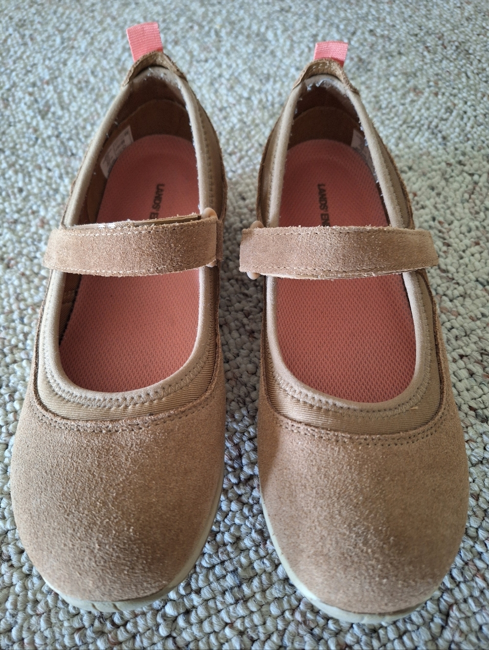 Lands' End Tan Suede Mary Janes with Pink Insole